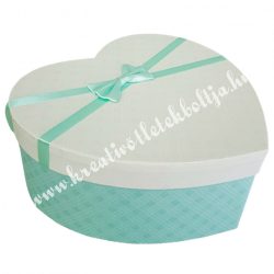 Szív alakú doboz, zöld-fehér, masnival, 21,5x9 cm