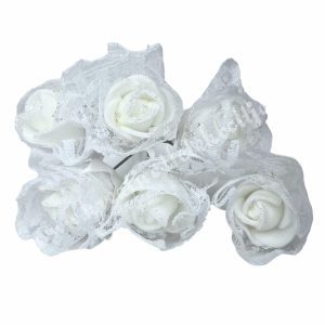 Mini polifoam rózsacsokor, csillámos, fehér, 9 cm, 6 szál/csokor