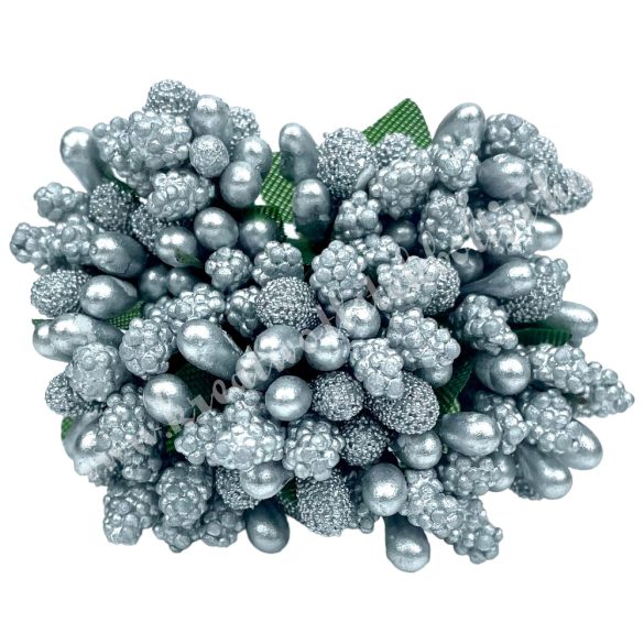 Bogyós mini csokor, ezüst, 9 cm