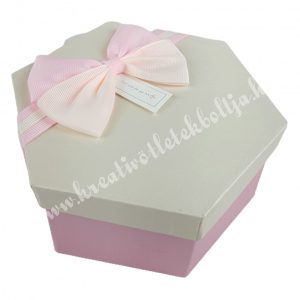 Hatszög doboz, krém-rózsaszín, masnival, 19x8,5  cm