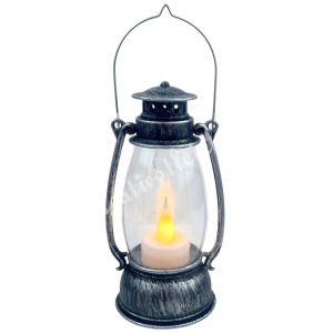Műanyag olajlámpás LED világítással, ezüst, 7x13 cm