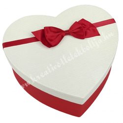 Szív alakú doboz, fehér-piros, piros masnival, 15,5x6 cm