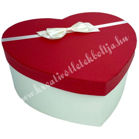 Szív alakú doboz, piros-fehér, fehér masnival, 15,5x6 cm