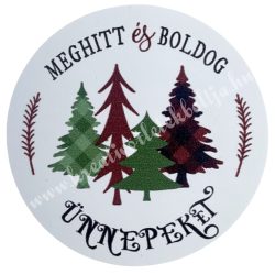 Matrica, kerek, fenyőfa karácsonyi felirattal, 4,3 cm