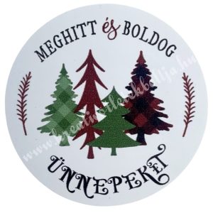 Matrica, kerek, fenyőfa karácsonyi felirattal, 4,3 cm