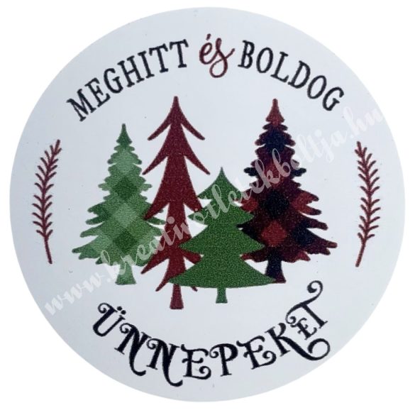 Matrica, kerek, fenyőfa karácsonyi felirattal, 4,3 cm