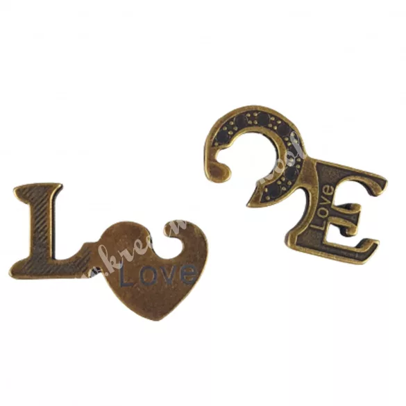Fém dísz, Love puzzle, 4x1,5 cm, 2 db/szett