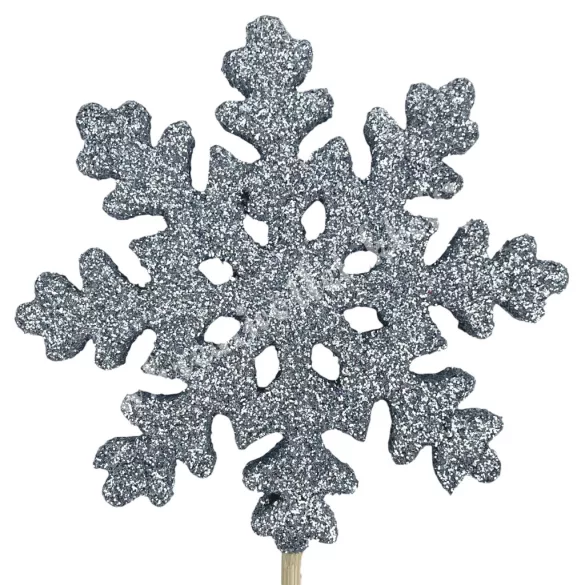 Betűzős csillámos polifoam hópehely, ezüst, 7,5x7,5 cm