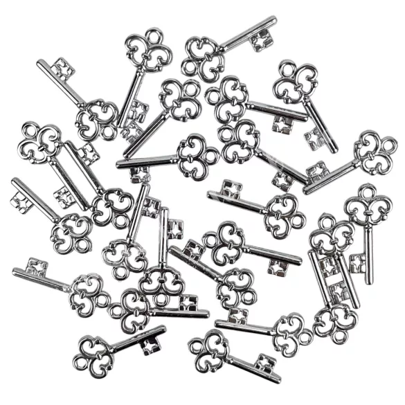 Műanyag medál, kulcs, platina, 1,1x2,4 cm, 25 db/csomag
