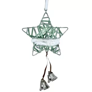 Akasztós fém csillag csengővel, zöld, 10x30 cm