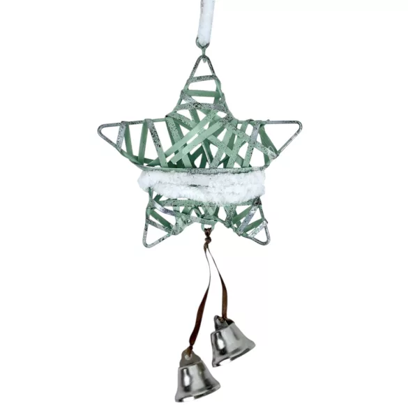 Akasztós fém csillag csengővel, zöld, 10x30 cm