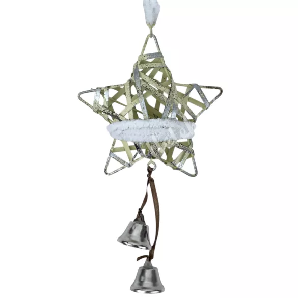 Akasztós fém csillag csengővel, vanília, 10x30 cm