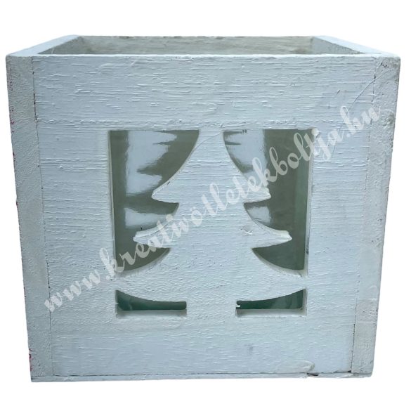 Fa mécsestartó üvegbetéttel, fenyő, fehér, 12x11,5 cm 
