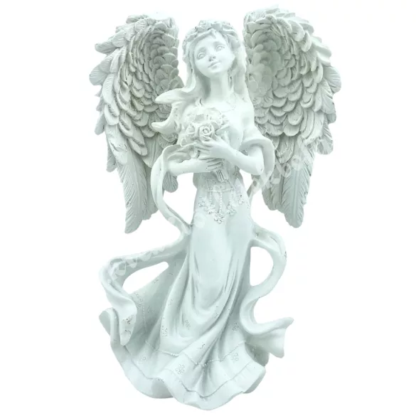 Polyresin angyal virággal, 10x16 cm