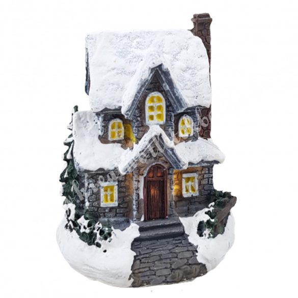 Szürke házikó, led világítással, 5 ablakkal, 7x9 cm