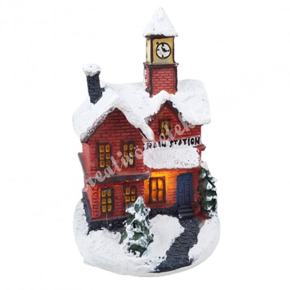 Téglavörös házikó, led világítással, vasútállomás, 7x10 cm