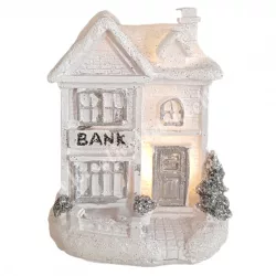   Fehér csillámos házikó led világítással, bank, 6,5x8 cm