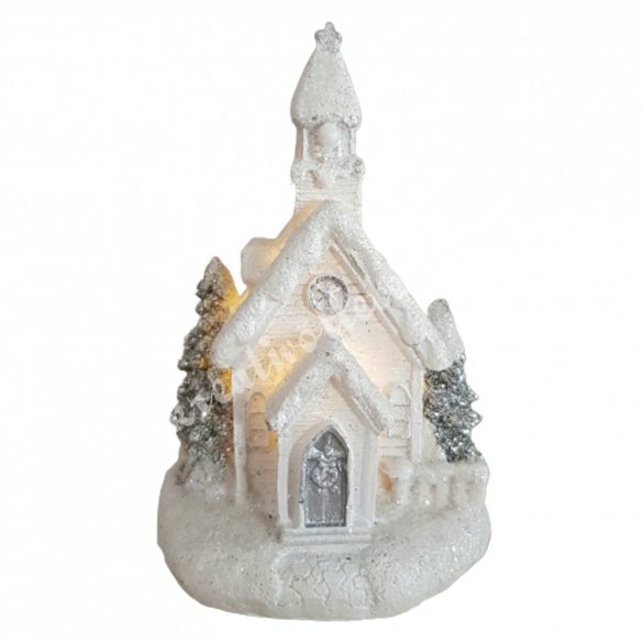 Fehér csillámos templom, led világítással, 7x10,5 cm