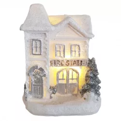   Fehér csillámos házikó led világítással, tűzoltóság, 7x9 cm