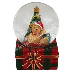 Hógömb ajándékdobozon, karácsonyfával, 4x6 cm