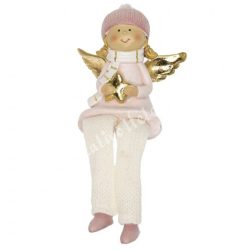  Lógó lábú polyresin angyal két kezében csillaggal, 7,5x16 cm