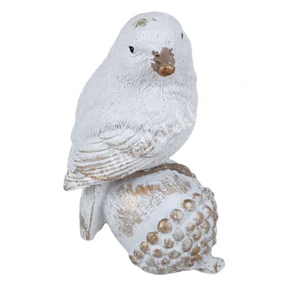 Polyresin madár makkon, fehér, 7x10 cm