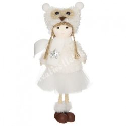   Akasztós textil kislány fehér, baglyos sapkában, csillaggal, 8x18 cm