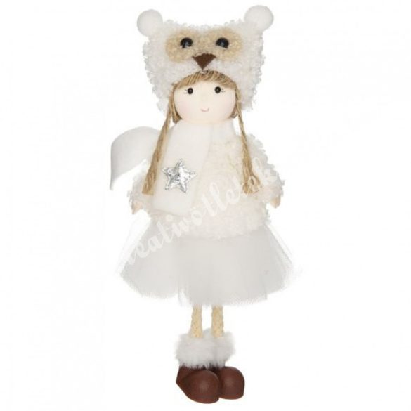 Akasztós textil kislány fehér, baglyos sapkában, csillaggal, 8x18 cm