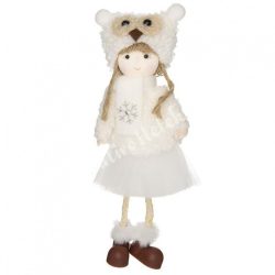   Akasztós textil kislány fehér, baglyos sapkában, hópehellyel, 8x18 cm