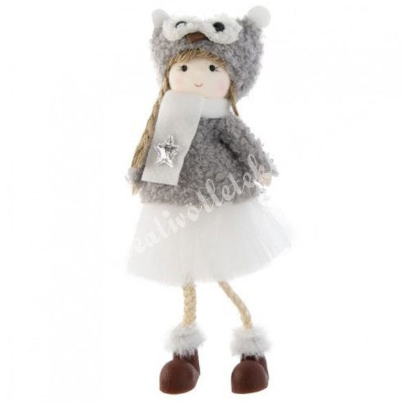 Akasztós textil kislány szürke, baglyos sapkában, csillaggal, 8x18 cm