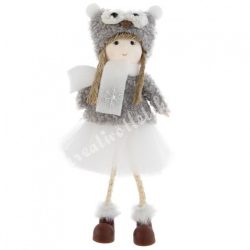   Akasztós textil kislány szürke, baglyos sapkában, hópehellyel, 8x18 cm