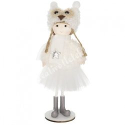   Textil kislány fehér, baglyos sapkában, csillaggal, 8x19 cm