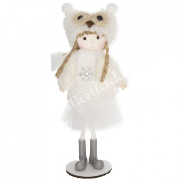 Textil kislány fehér, baglyos sapkában, hópehellyel, 8x19 cm