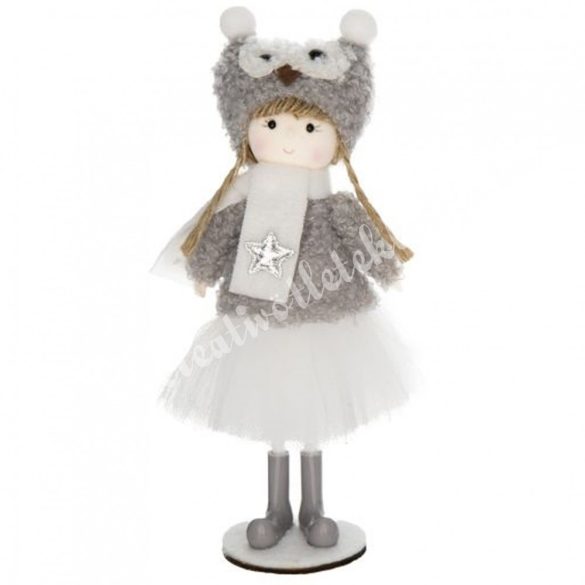 Textil kislány szürke, baglyos sapkában, csillaggal, 8x19 cm