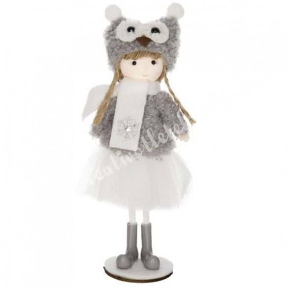 Textil kislány szürke, baglyos sapkában, hópehellyel, 8x19 cm