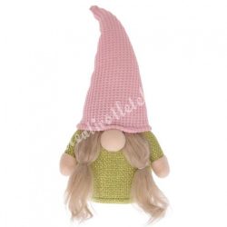 Textil manó lány, rózsaszín sapkában, 11x22 cm