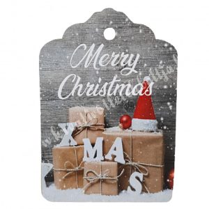 Dekor tábla, biléta, "Merry Christmas", szürke, 5x7 cm