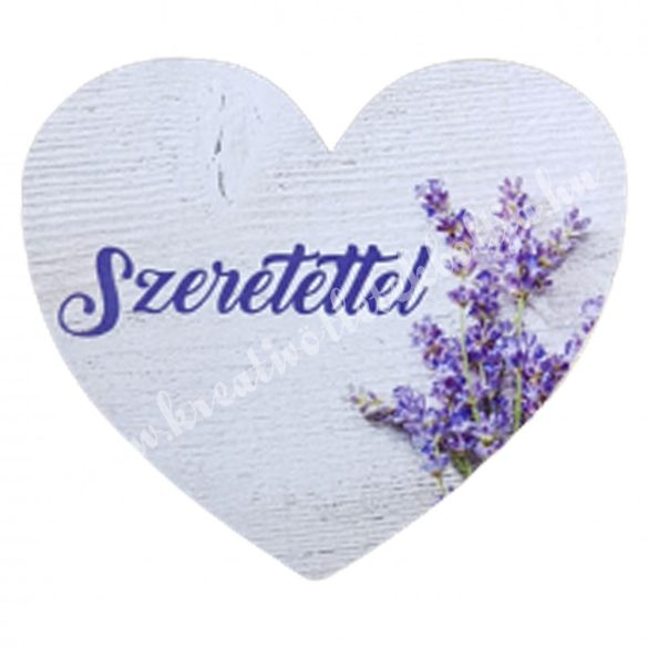 Dekor tábla, szív alakú, "Szeretettel" felirattal, 7,5x7 cm