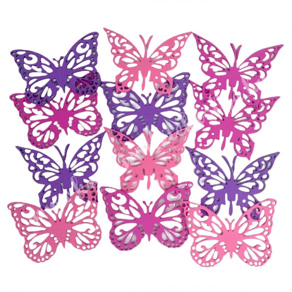 Dekorgumi pillangók, rózsaszín-lila, 9x6 cm, 12 db/csomag