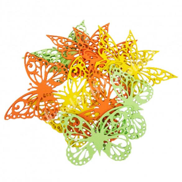 Dekorgumi pillangók, sárga-zöld, 9x6 cm, 12 db/csomag