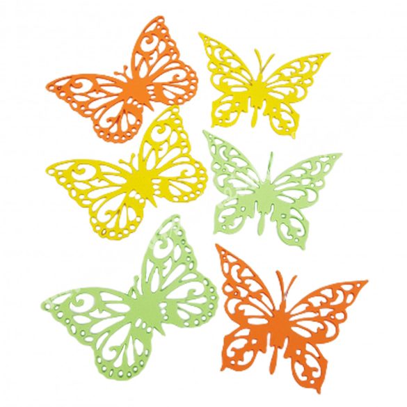 Dekorgumi pillangók, sárga-zöld, 12x9 cm, 6 db/csomag