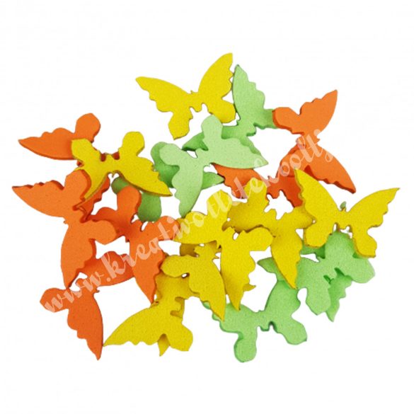 Dekorgumi pillangók, sárga-zöld, 2 cm, 20 db/csomag