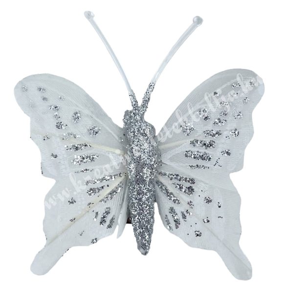 Csipeszes pillangó, fehér-ezüst, 5x5,5 cm
