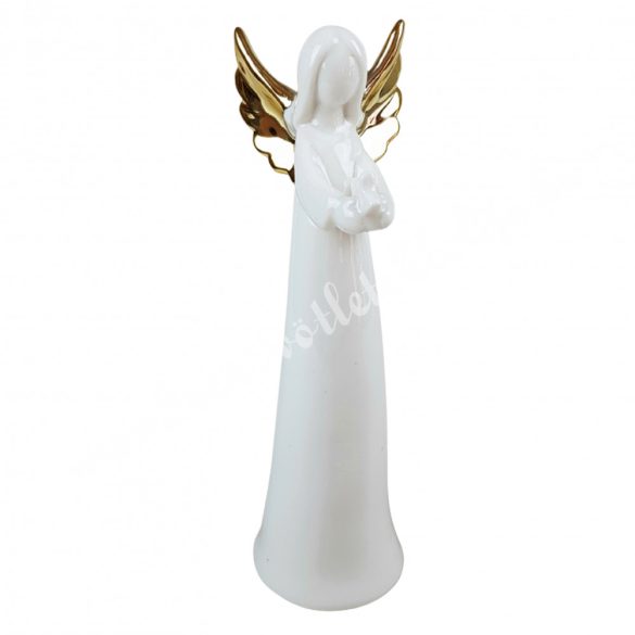 Porcelán angyal csillaggal, fehér-arany, 5x16 cm