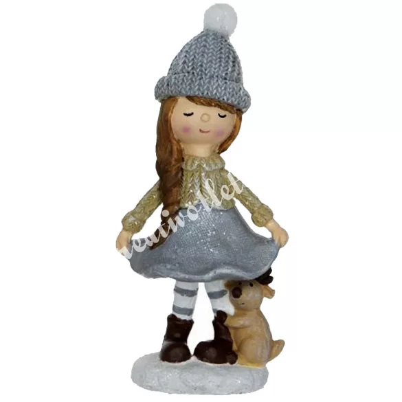 Polyresin kislány szürke sapkában, szarvassal, 7x16 cm