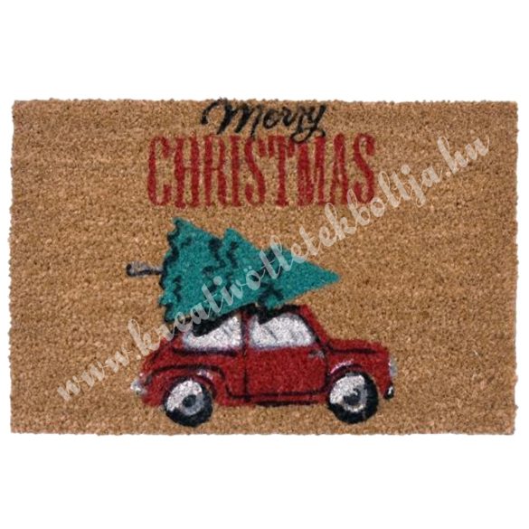 Kókuszrost lábtörlő autóval, Merry Christmas felirattal, 60x40 cm