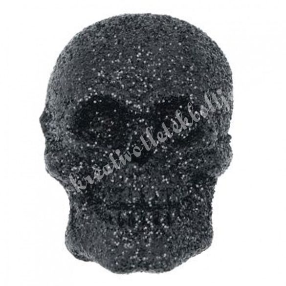 Ragasztható polyresin koponya, fekete, csillámos, 2x3 cm