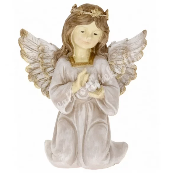 LED-es polyresin angyal galambbal, csillámos, 20,5x25 cm