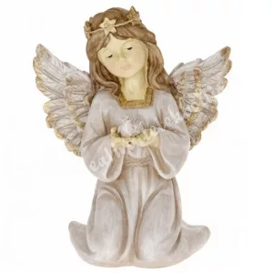 LED-es polyresin angyal galambbal, csillámos, 20x25,5 cm