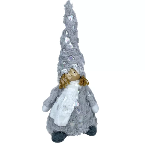 Textil lány szőrmés ruhában, szürke, 13x36 cm